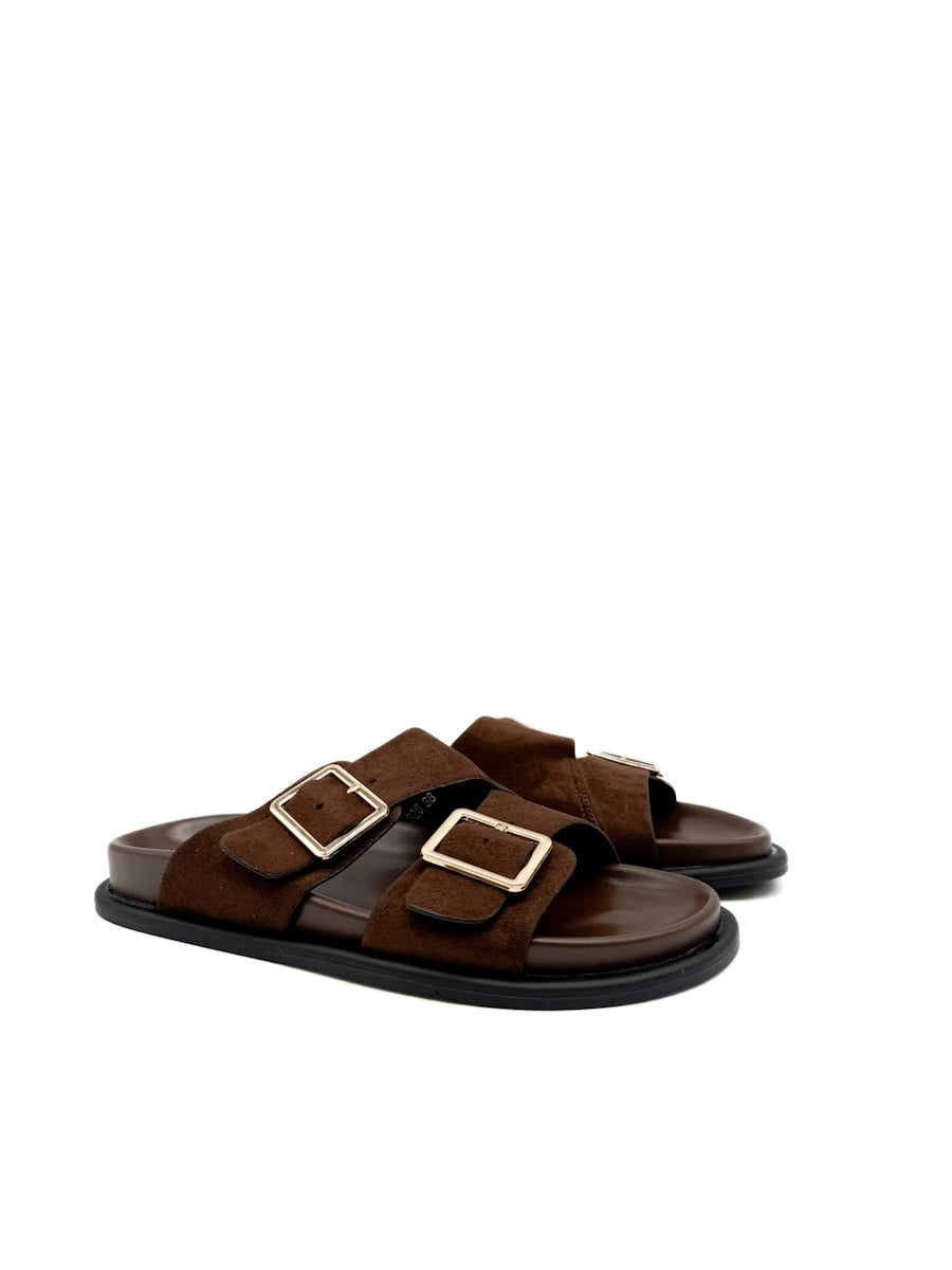 Sandalias de Doble Hebilla Dorada en Antelina Marrón Chocolate - Chanclas de Suela Gruesa Confort para Mujer
