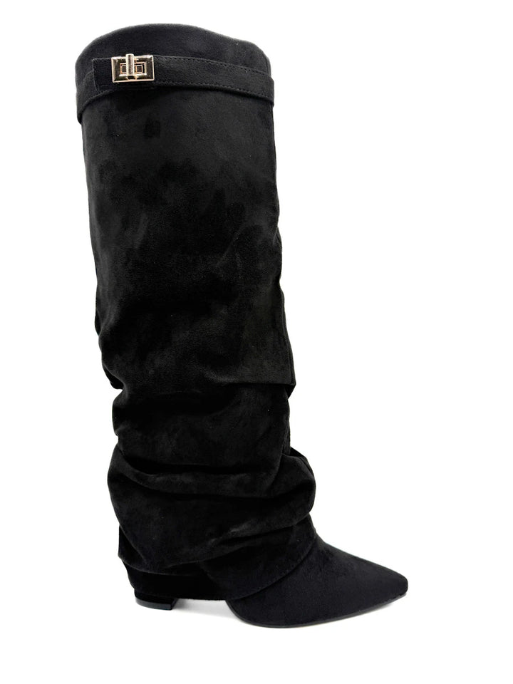 Botas Altas de Ante Sintético con Caña Arrugada y Hebilla Decorativa