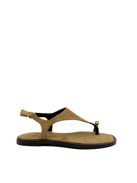 Sandalias Corina de antelina  con anillo dorado, vista frontal.