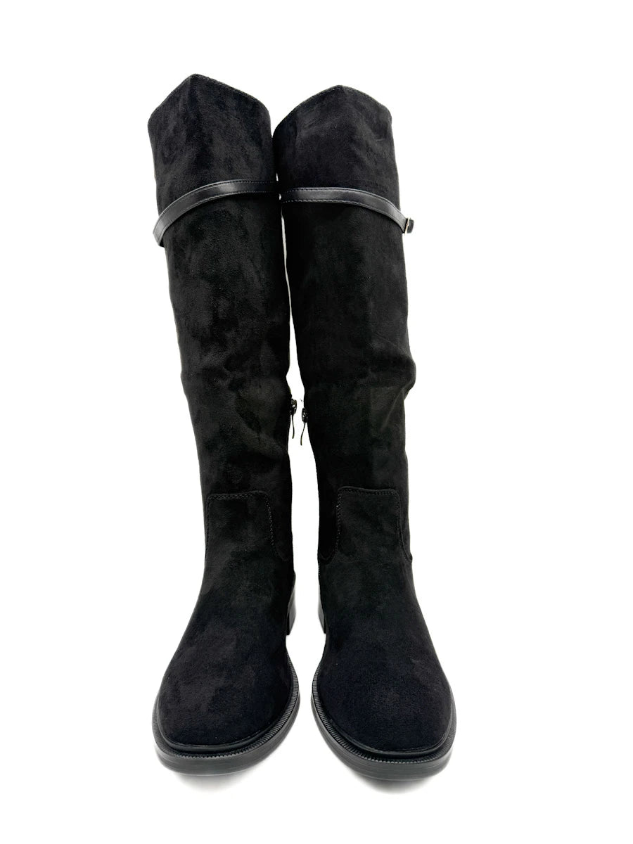 Botas Altas de Antelina con Tira Superior y Tacón Bajo
