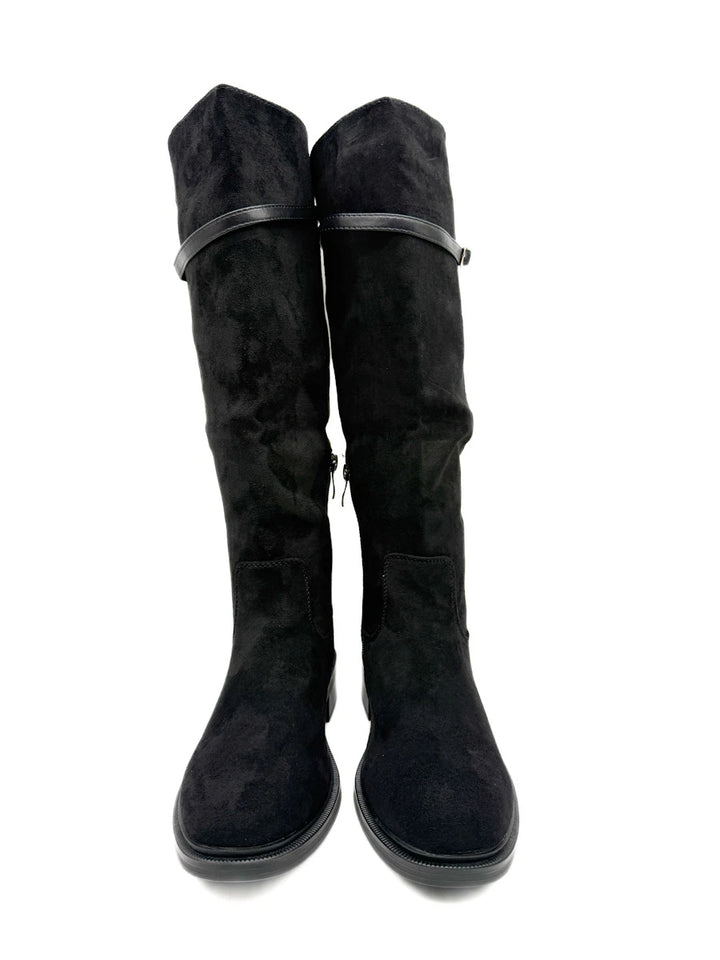 Botas Altas de Antelina con Tira Superior y Tacón Bajo
