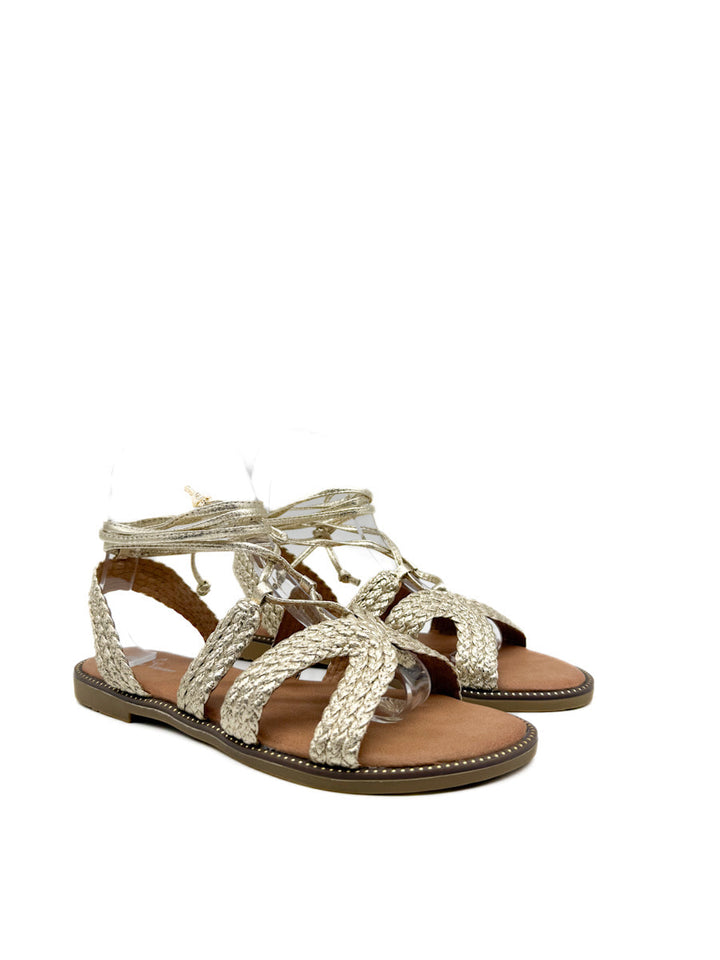 Sandalias Romanas Doradas con Diseño Trenzado y Cordones Ajustables