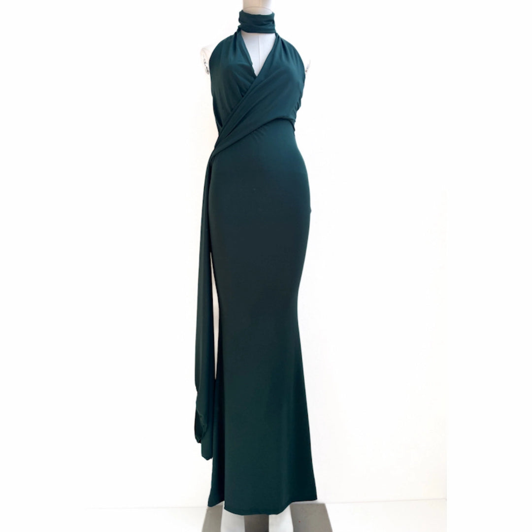 Vestido Largo de Gala con Cuello Halter y Drapeado Frontal Verde única