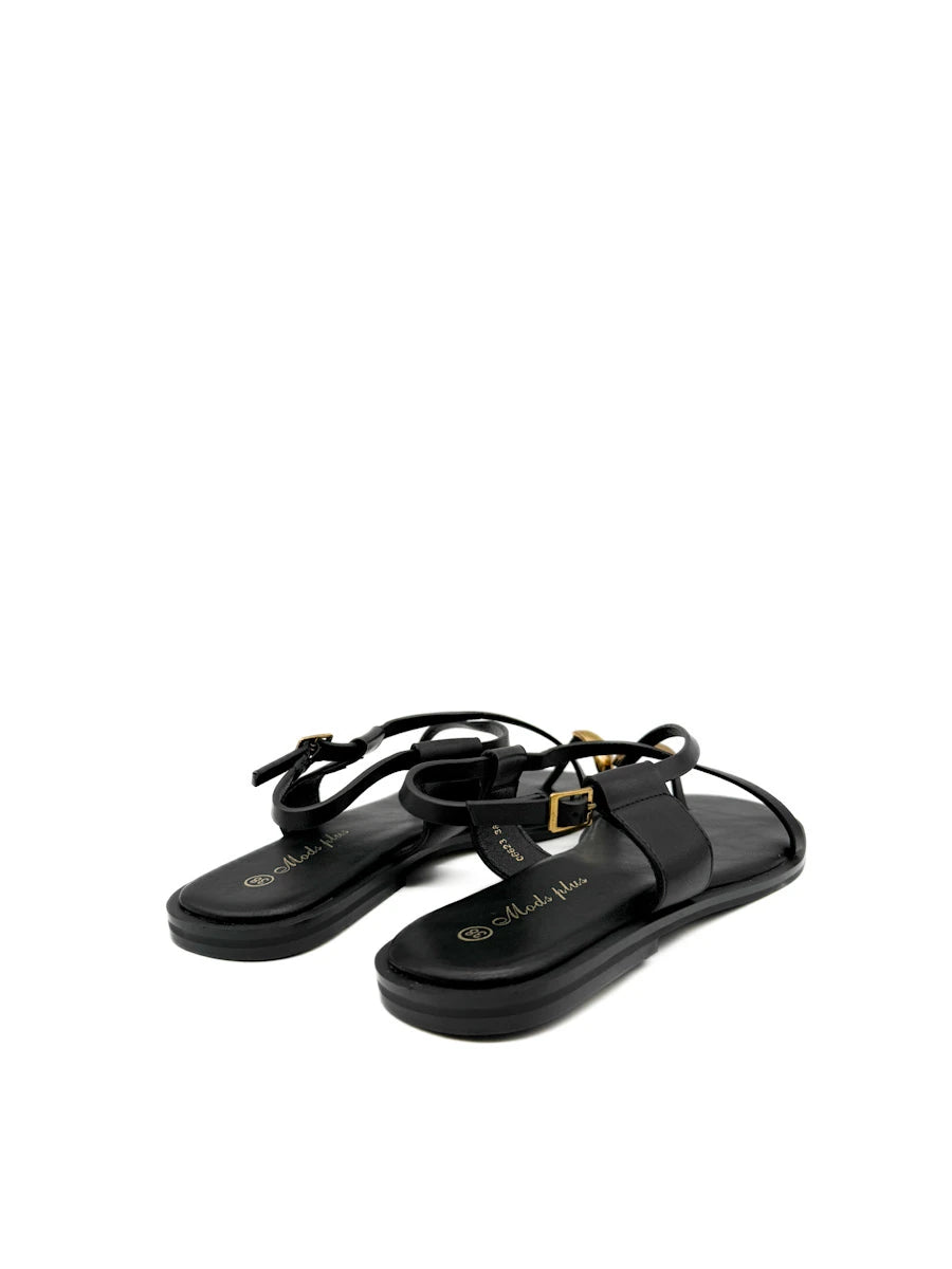 Sandalias Planas con Tira de Dedo y Adorno Dorado Escultural