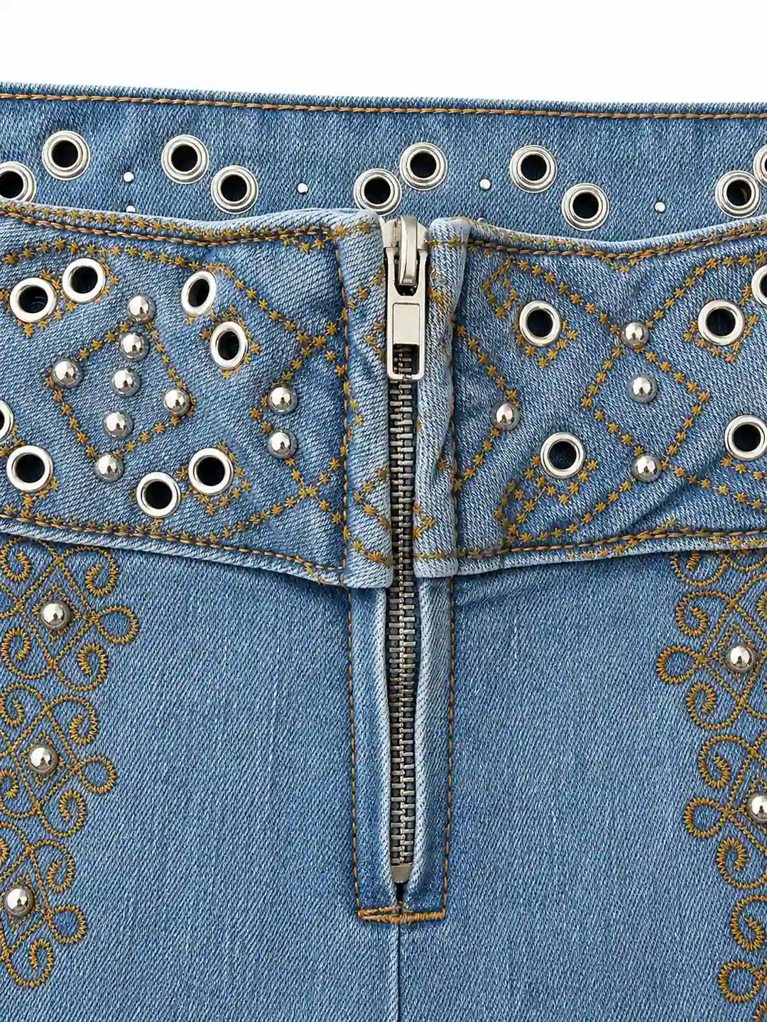 Pantalón de Mezclilla de Pierna Ancha con Detalles Metálicos en Pretina