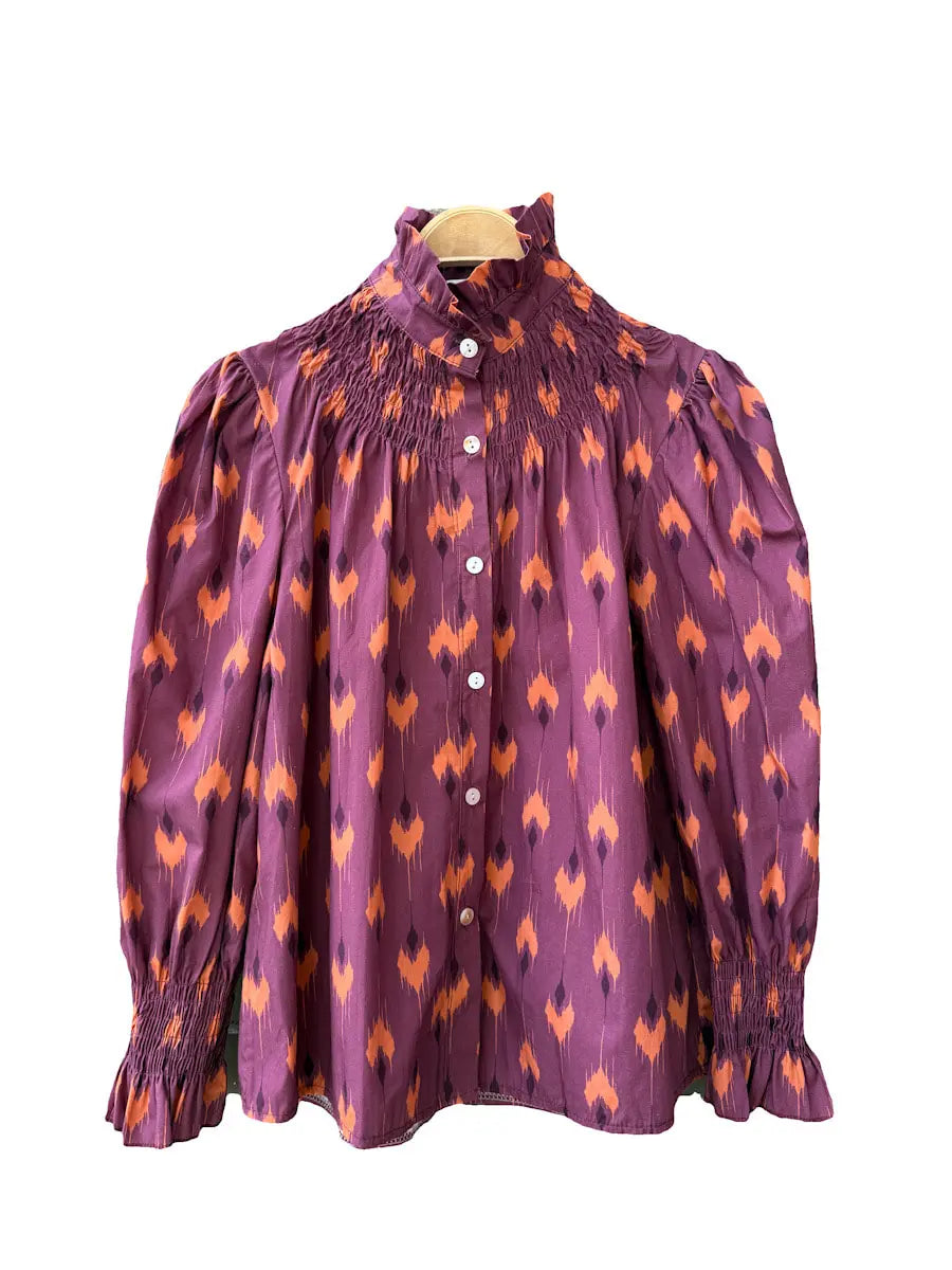 Conjunto vintage de blusa fruncida y falda larga con estampado ikat en tonos morados y naranjas Blusa Morado oscuro única