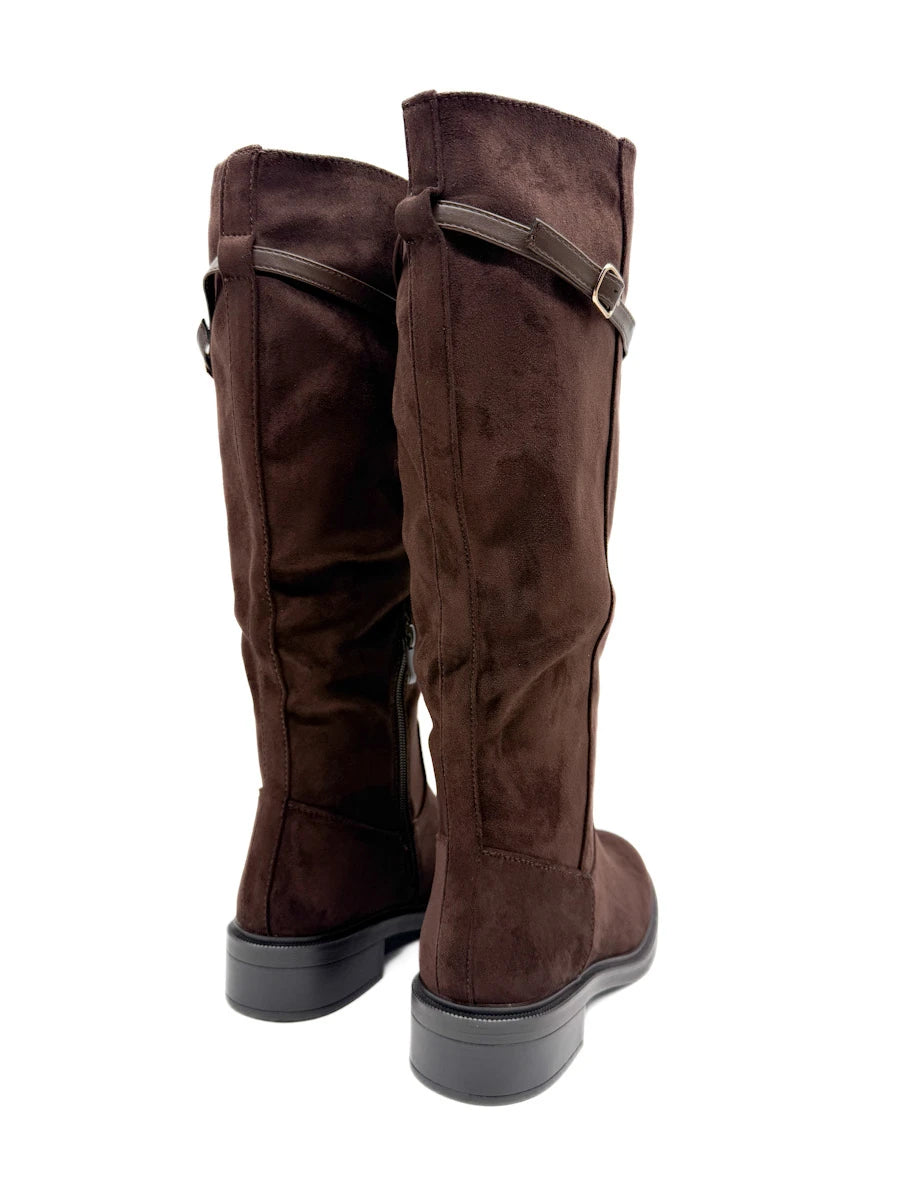Botas Altas de Antelina con Tira Superior y Tacón Bajo