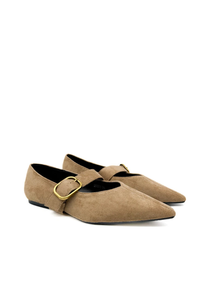Zapatos Planos Mary Jane de Punta Fina en Ante Sintético con Hebilla Dorada