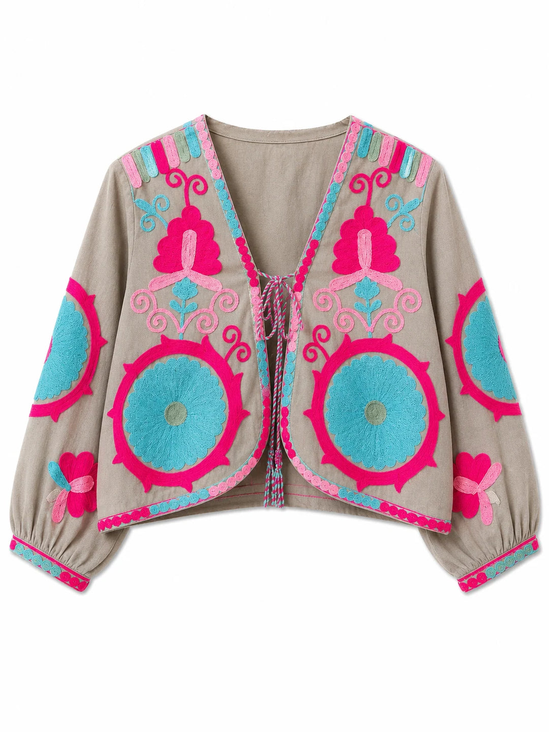 Chaqueta Bordada Multicolor para Mujer de Estilo Boho con Manga Larga y Diseño Artesanal