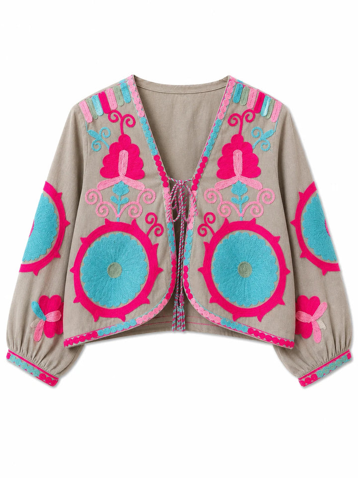 Chaqueta Bordada Multicolor para Mujer de Estilo Boho con Manga Larga y Diseño Artesanal