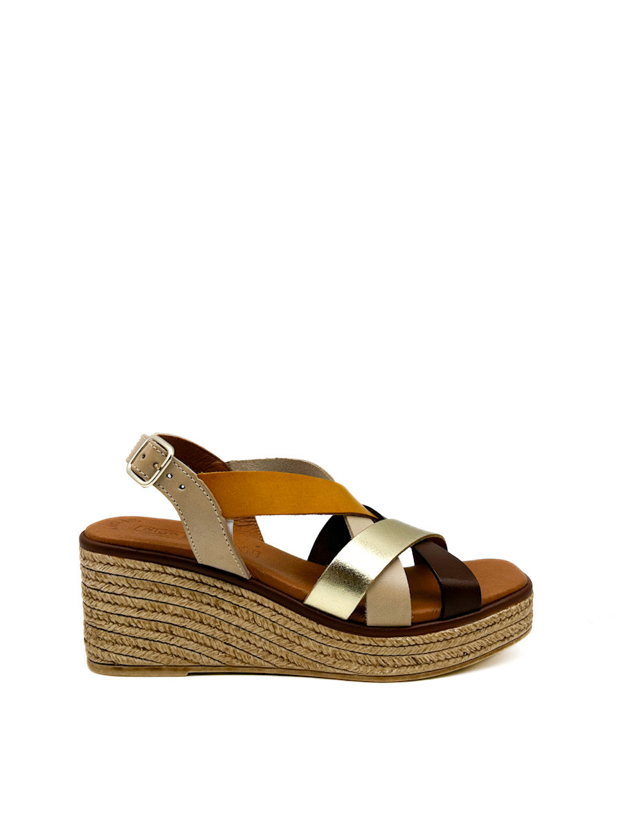 Sandalias Cuña Piel Referencia 2534 Oro Mostaza