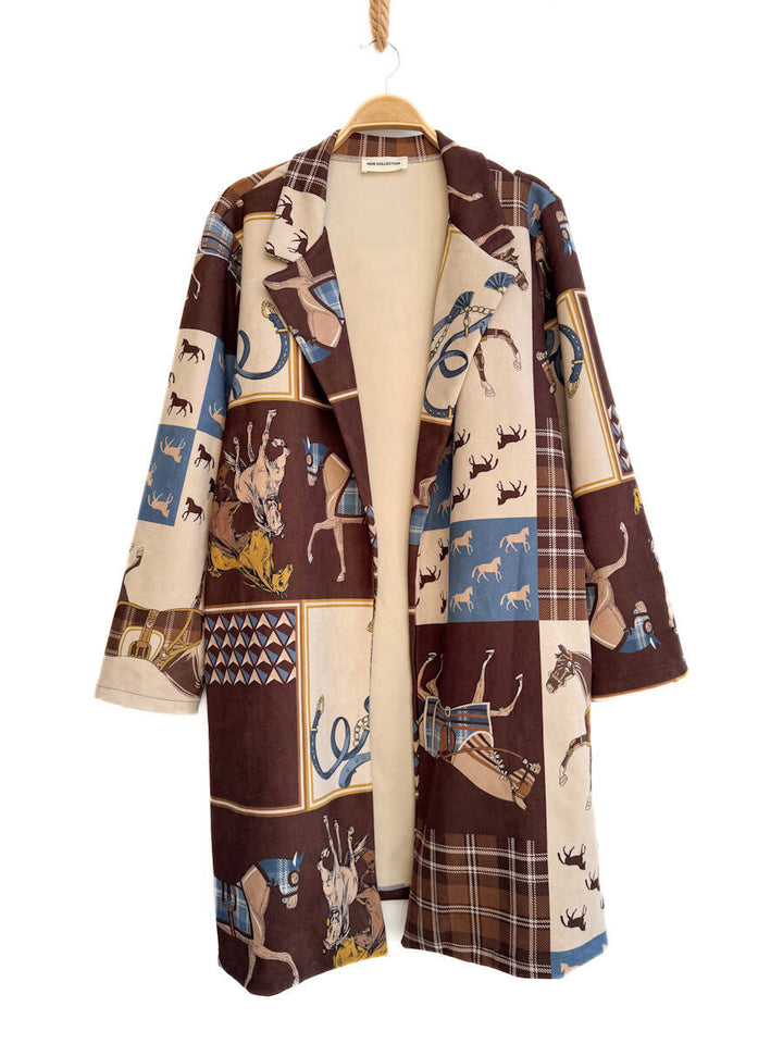 Abrigo Estampado Ecuestre Vintage Marrón única