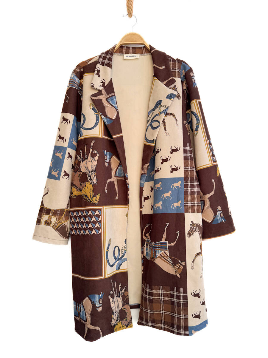 Abrigo Estampado Ecuestre Vintage Marrón única