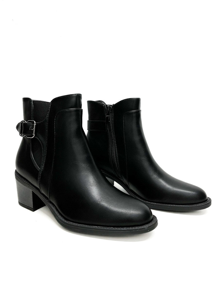Botín Negro de Tacón Medio con Hebilla y Cremallera