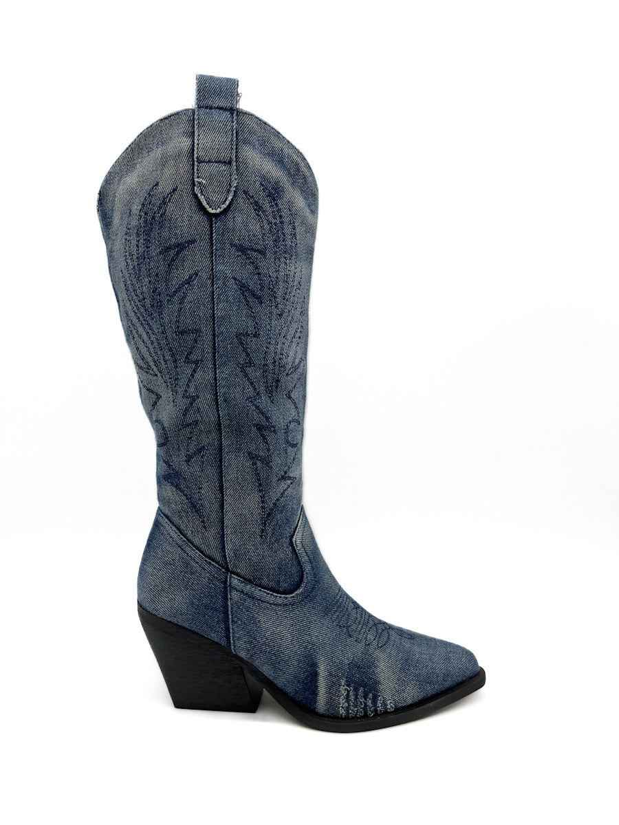 Botas Alta Cowboy Denim Bordadas Vaquero