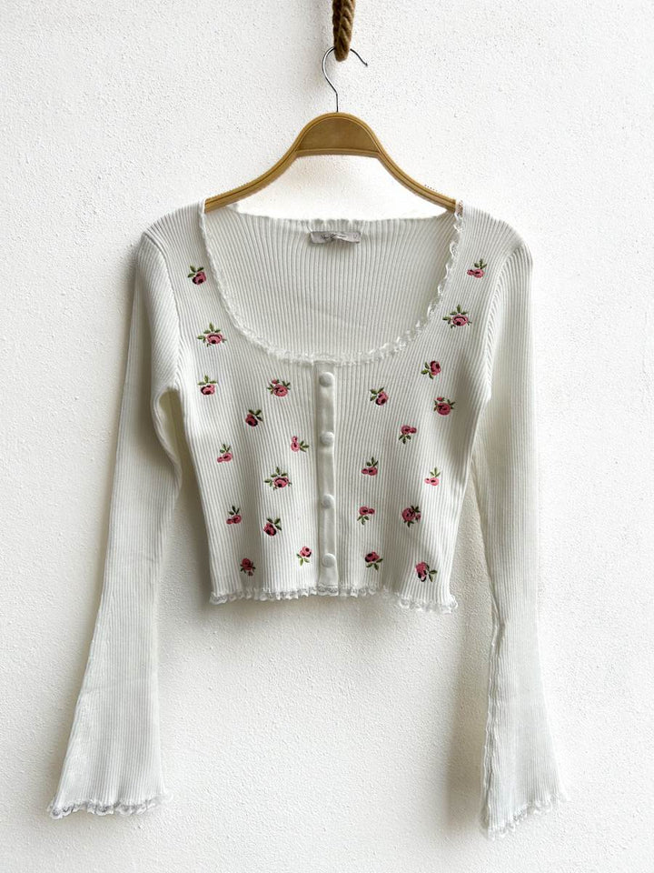 Punto Fino Bordados Florales Blanco única