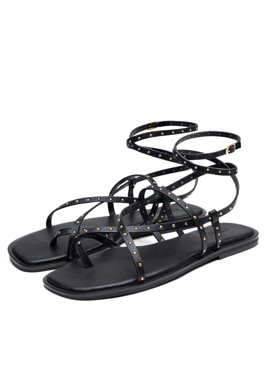 Sandalias Planas Estilo Romano con Tachuelas y Tiras Envolventes