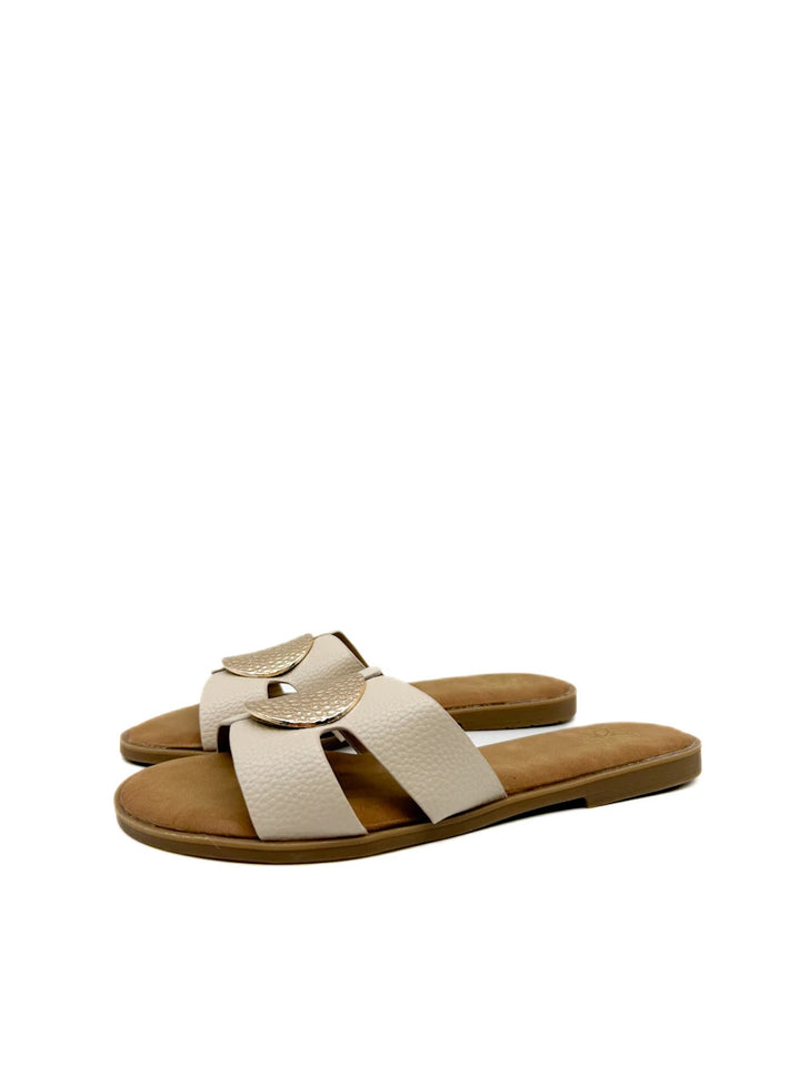 Sandalias Planas para Mujer con Banda Texturizada y Círculo Dorado