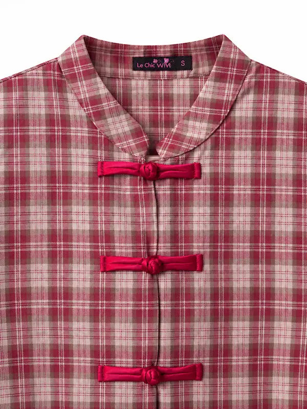 Blusa a Cuadros con Botones de Nudo Chino y Volantes