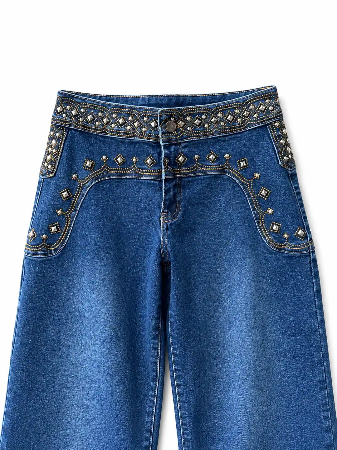 Jeans Recto de Mezclilla con Pedrería Decorativa | Tiro Medio