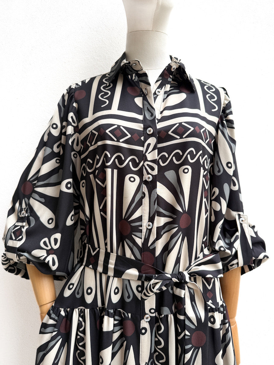 Vestido Camisero Largo Estampado Floral Geométrico