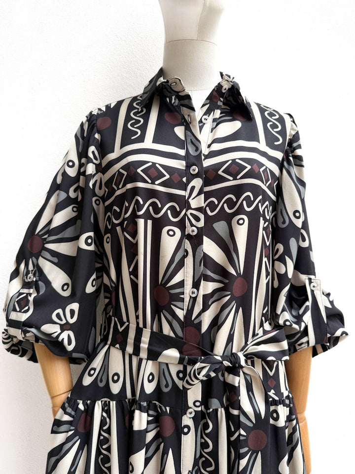 Vestido Camisero Largo Estampado Floral Geométrico