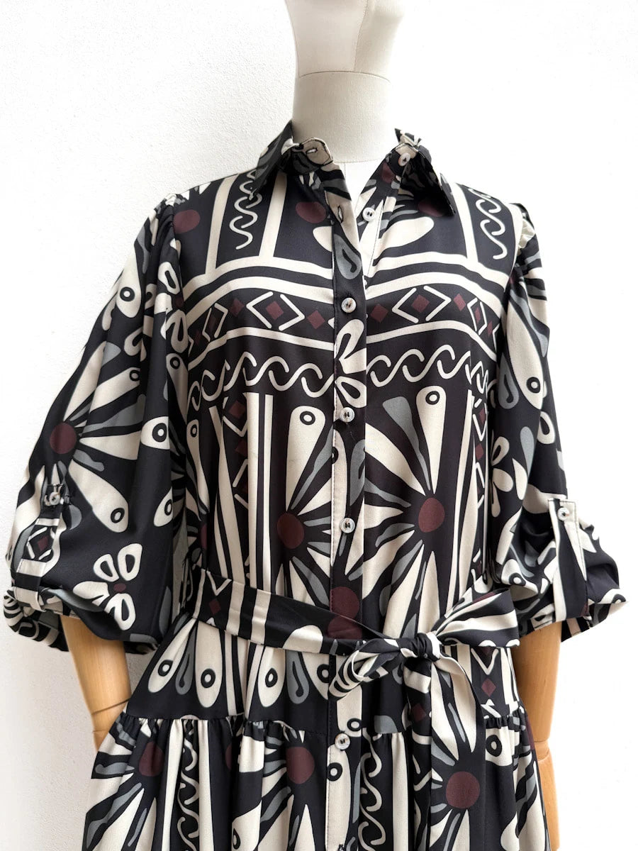 Vestido Camisero Largo Estampado Floral Geométrico