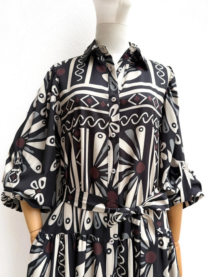 Vestido Camisero Largo Estampado Floral Geométrico