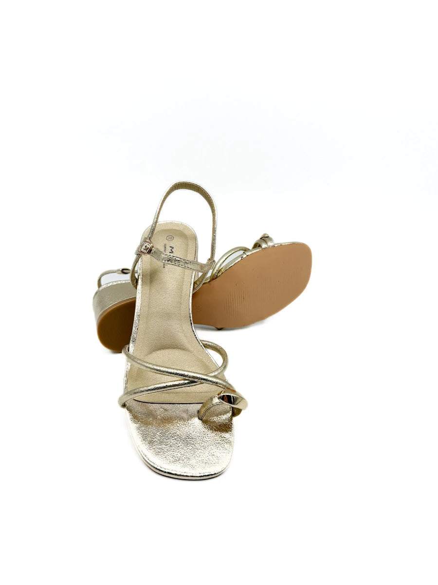 Sandalias de Tacón Bloque con Tiras y Adorno Dorado Orgánico para Mujer