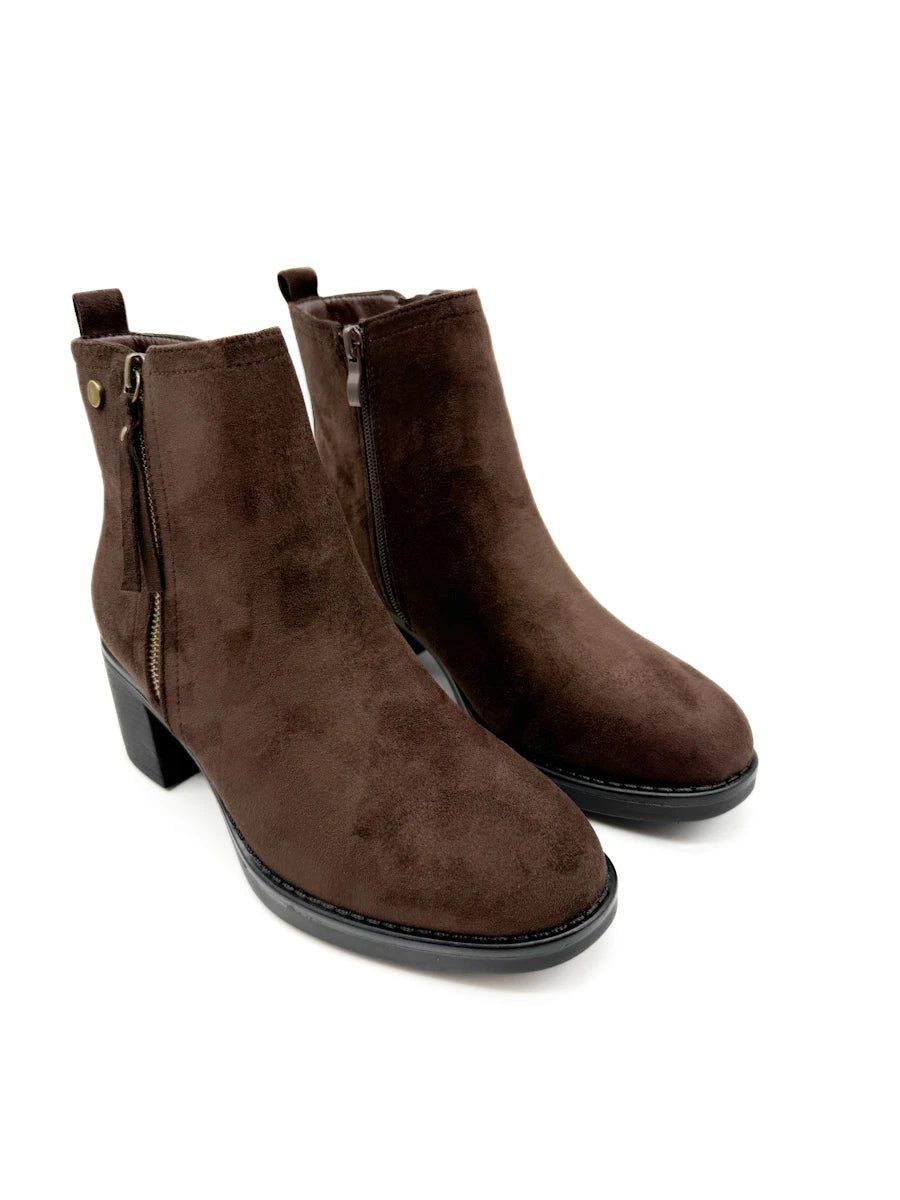 Botines de Ante para Mujer con Tacón Ancho y Cremallera Decorativa