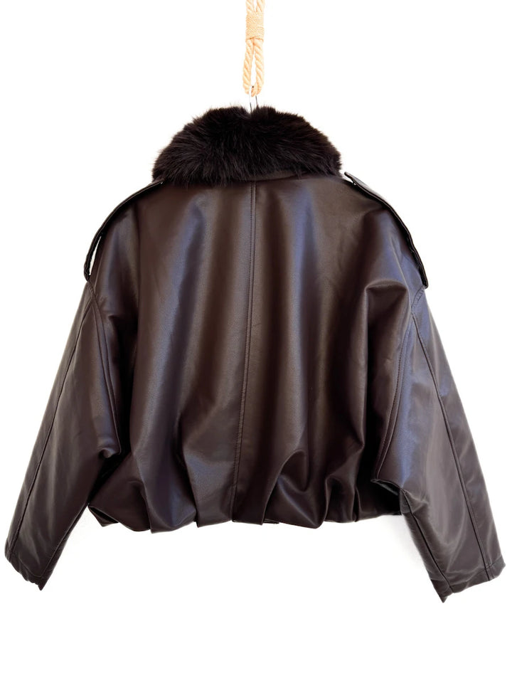 Chaqueta Efecto Piel con Cuello de Pelo Sintético