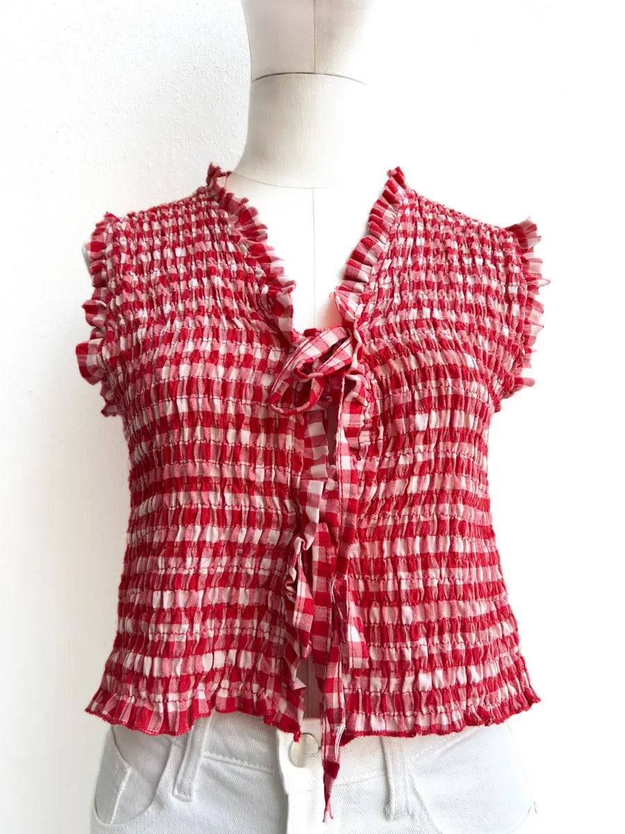 Top Fruncido de Cuadros con Lazo Rojo única