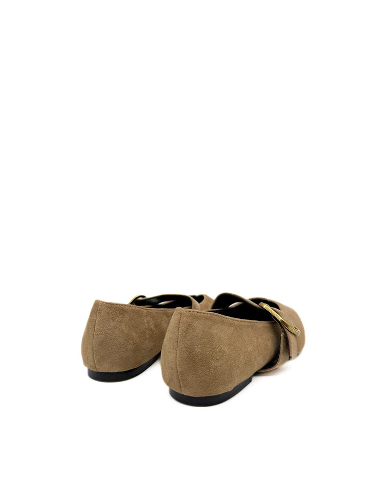 Zapatos Planos Mary Jane de Punta Fina en Ante Sintético con Hebilla Dorada