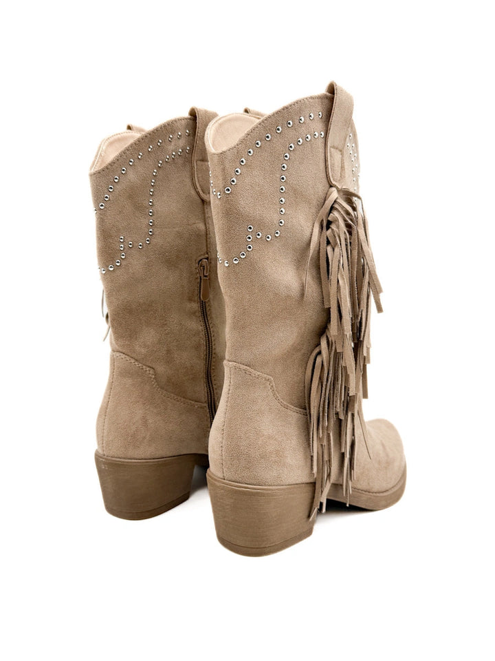 Bota cowboy de antelina color kahki con bordado