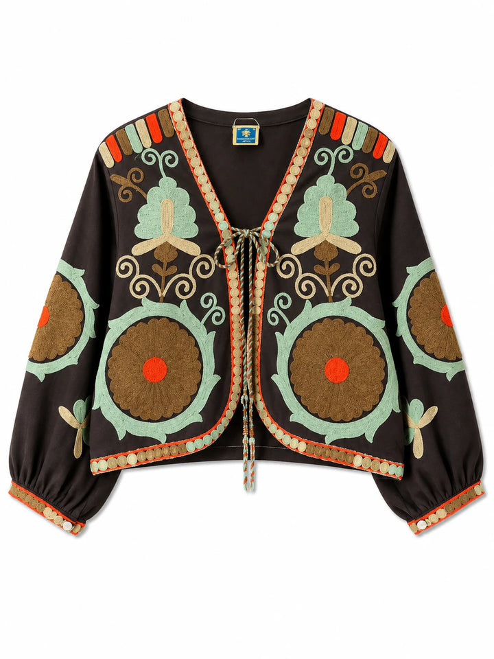 Chaqueta Bordada Multicolor para Mujer de Estilo Boho con Manga Larga y Diseño Artesanal