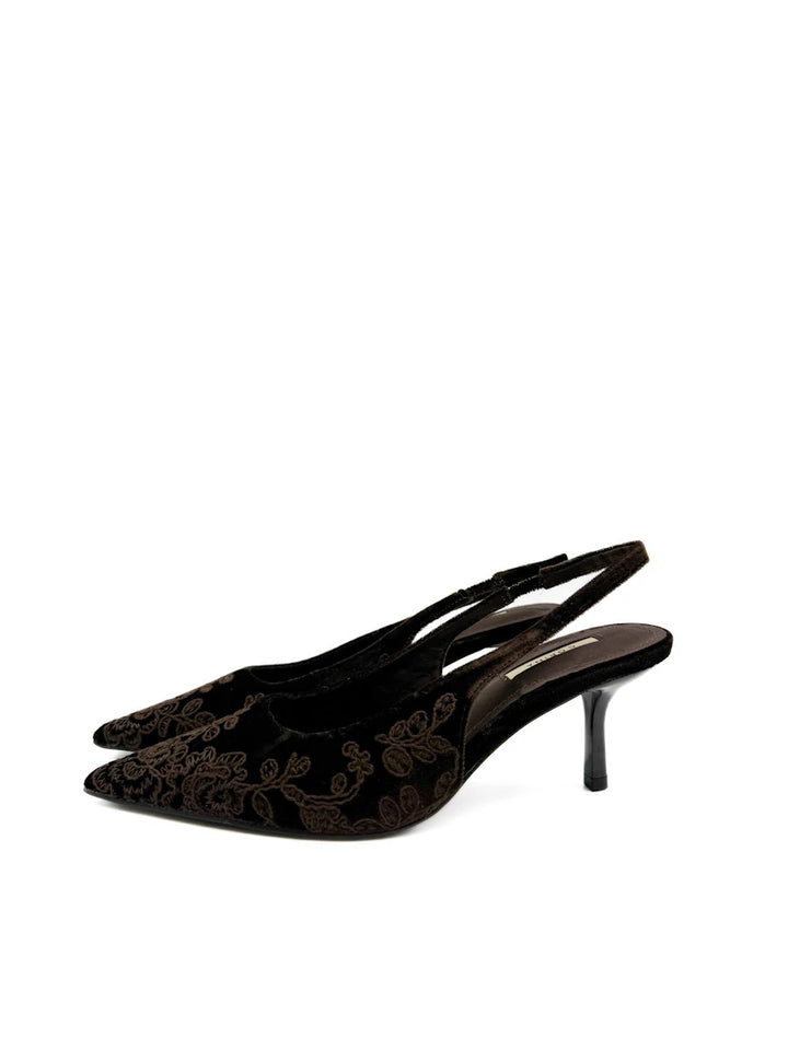 Corina Zapatos Destalonados de Terciopelo Bordado con Tacón Kitten