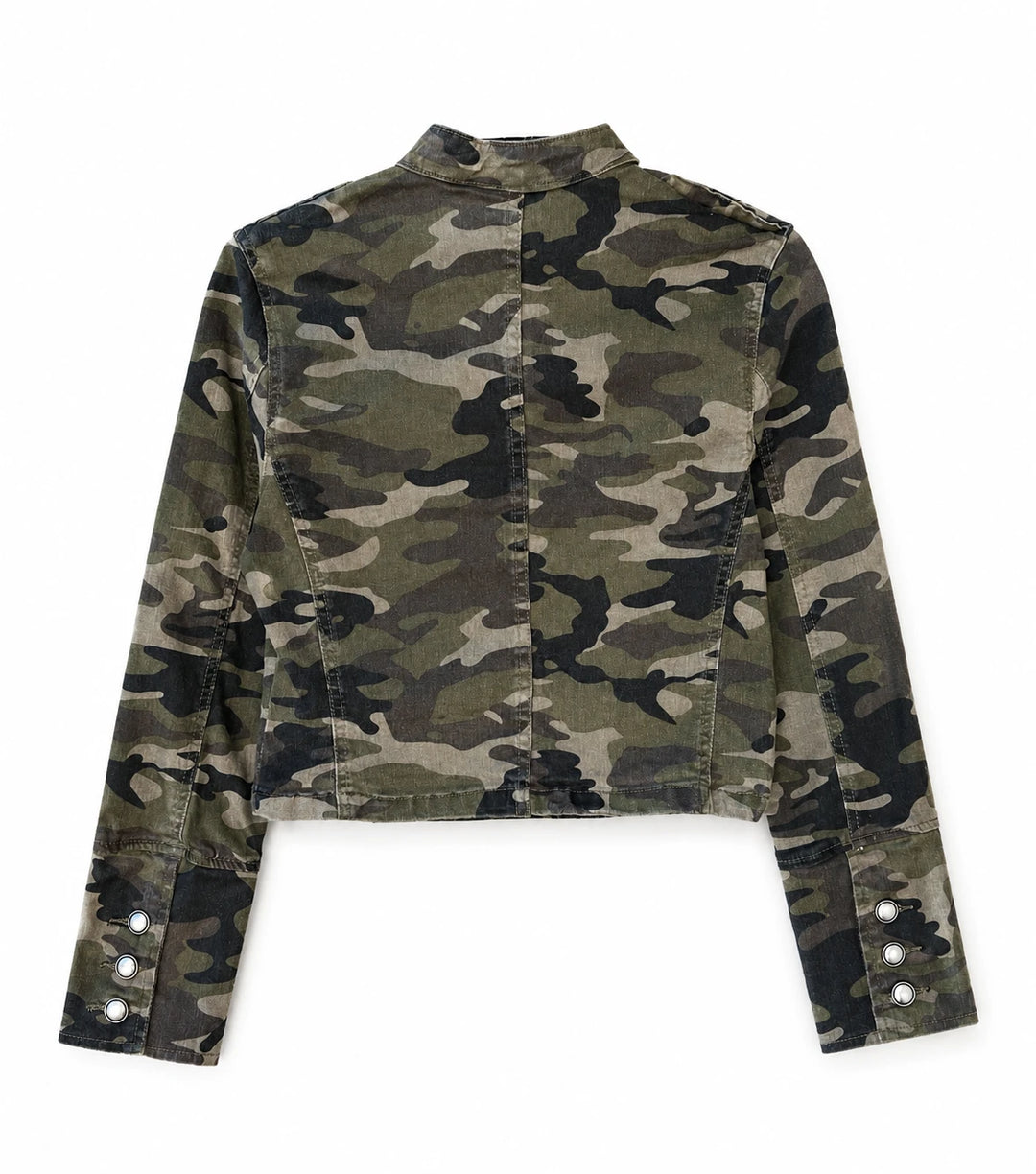 Chaqueta Militar Mujer Camuflaje con Cuello Mao, Manga Larga y Detalles de Hebillas y Botones Metálicos