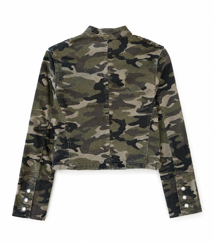 Chaqueta Militar Mujer Camuflaje con Cuello Mao, Manga Larga y Detalles de Hebillas y Botones Metálicos