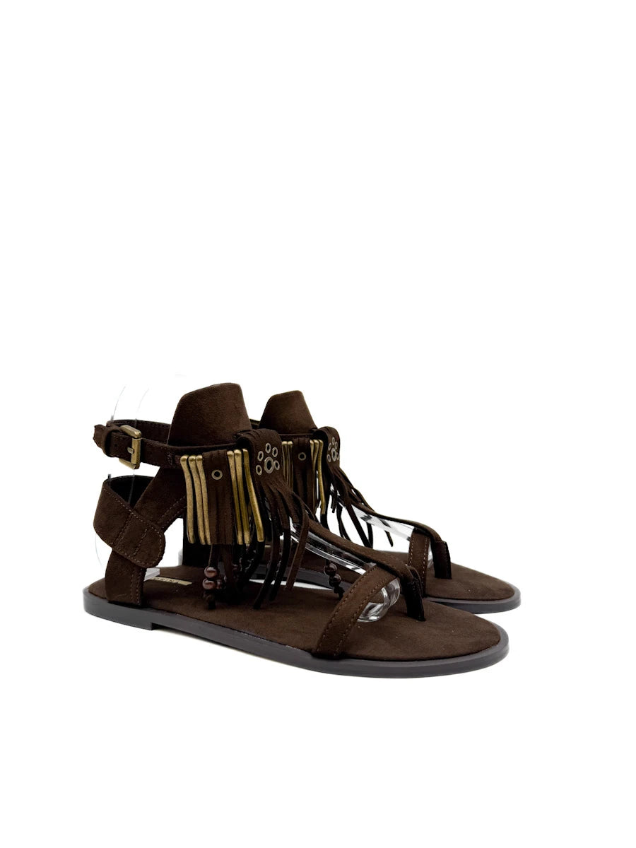 Sandalias Planas de Estilo Étnico Corina con Flecos, Cuentas de Madera y Cierre de Hebilla