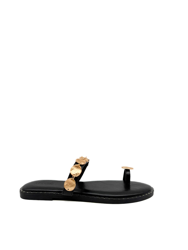 Sandalias Planas con Adorno de Monedas Doradas y Anillo al Dedo