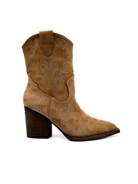 Botín Cowboy Bordados Mujer Camel