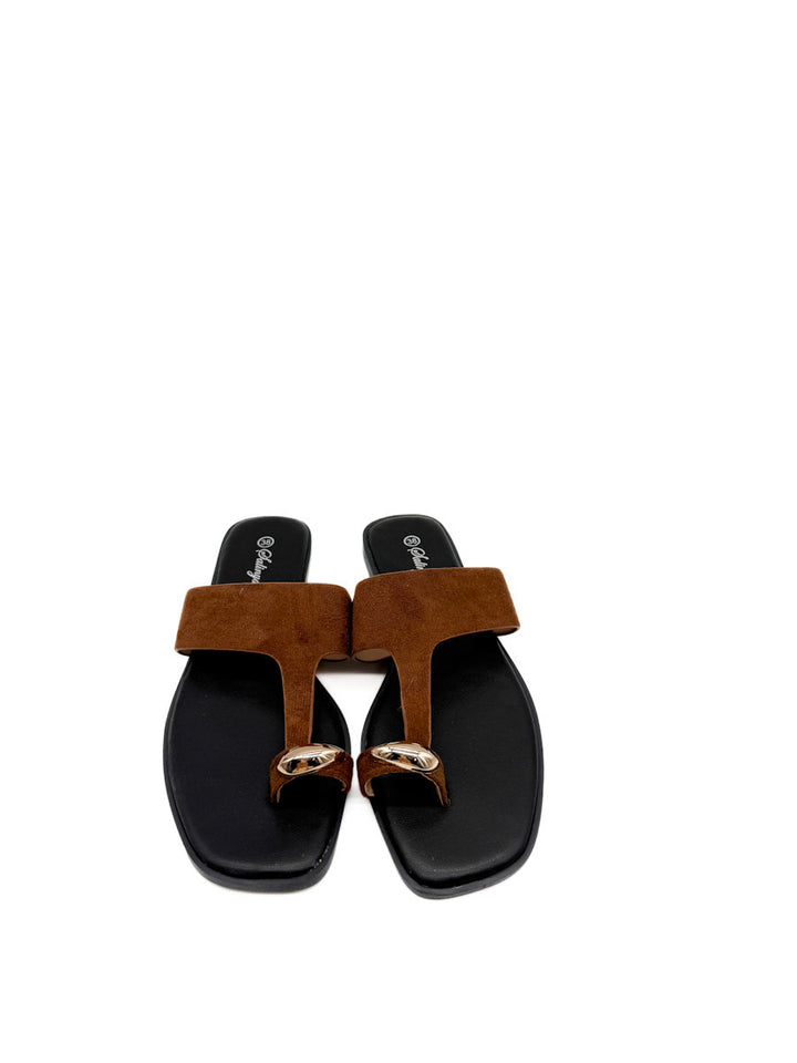Sandalias Planas Antelina de Dedo con Detalle Dorado