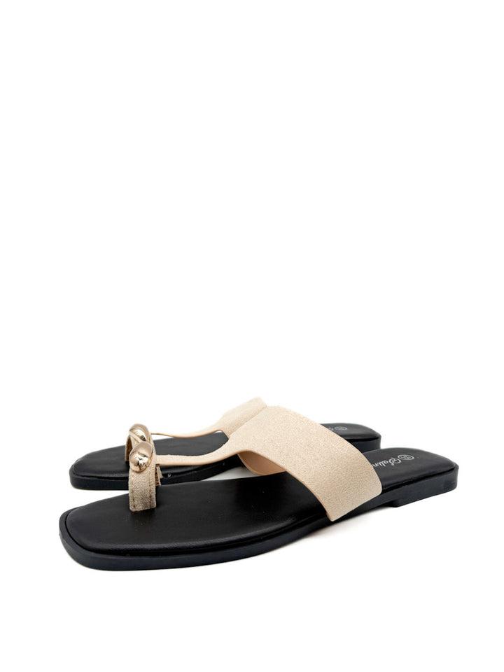 Sandalias Planas Antelina de Dedo con Detalle Dorado