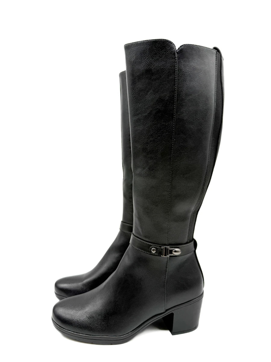 Botas Altas de Tacón Ancho con Caña Elástica y Hebilla