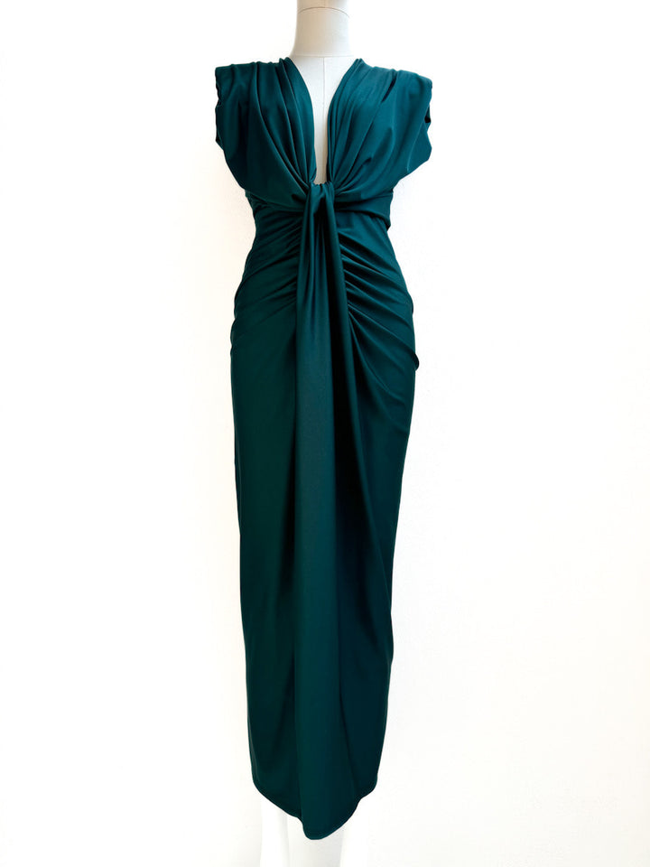 Vestido Largo Drapeado con Escote en V Profundo, Nudo en la Cintura.