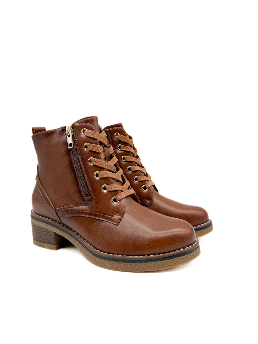 Botín Camel con Cordones, Tacón Grueso y Cremallera Lateral