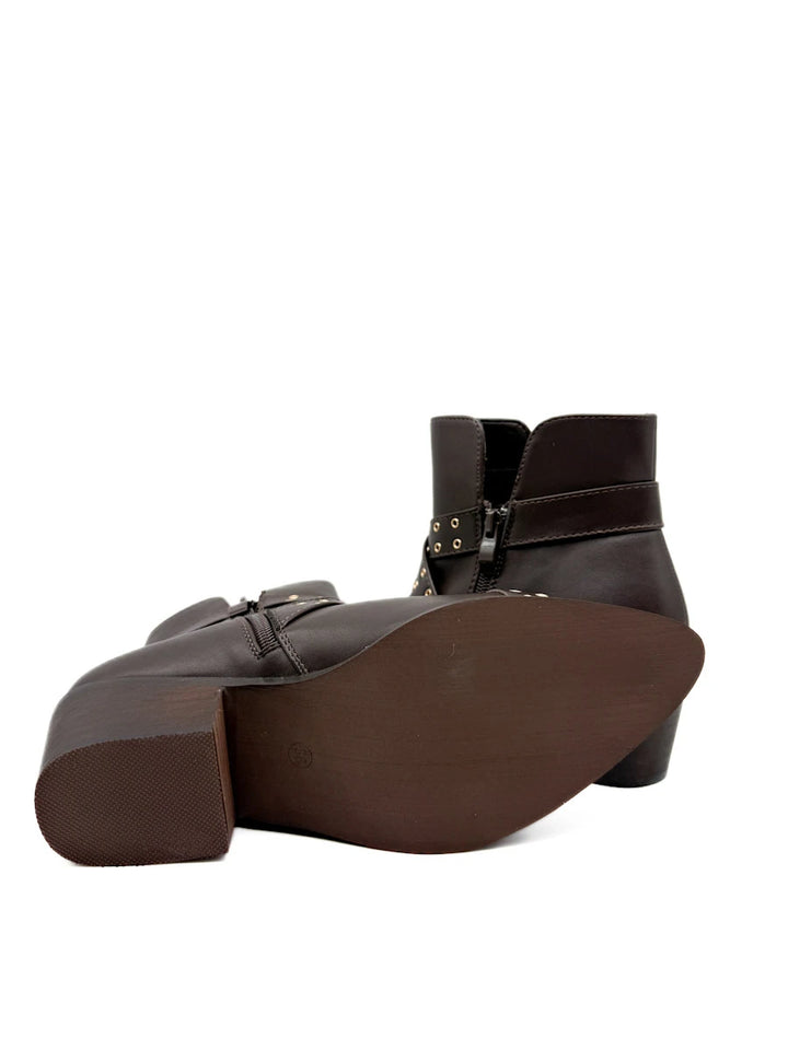Botines Camperos de Mujer con Ojetes Metálicos y Hebilla - Tacón Ancho y Cremallera