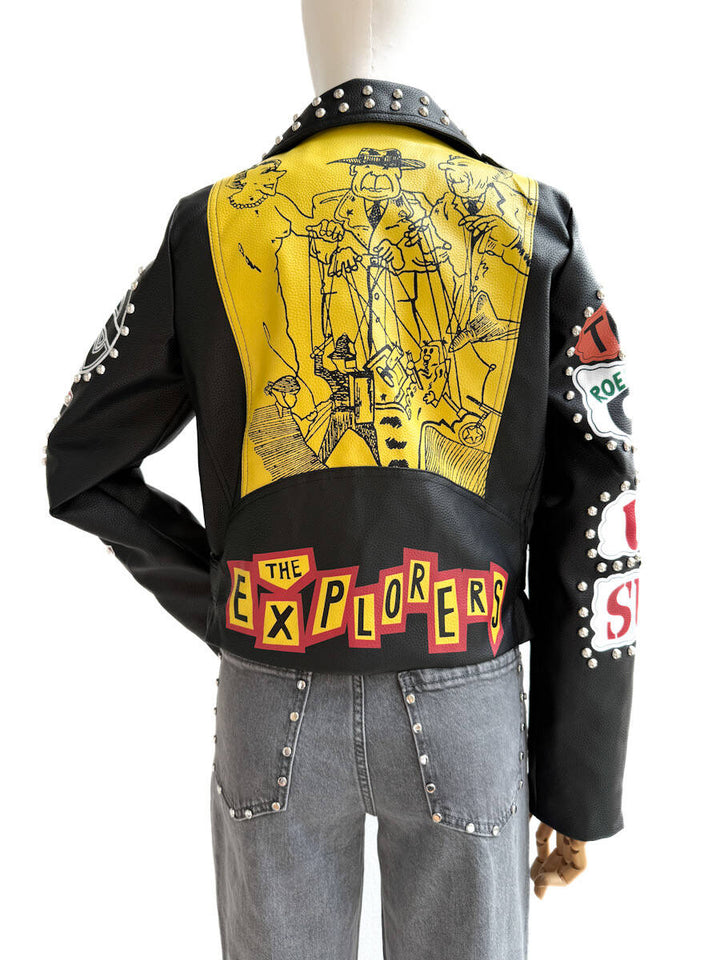 Chaqueta Biker Estilo Punk con Diseño Gráfico y Tachuelas