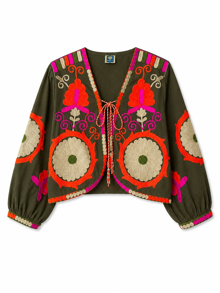 Chaqueta Bordada Multicolor para Mujer de Estilo Boho con Manga Larga y Diseño Artesanal