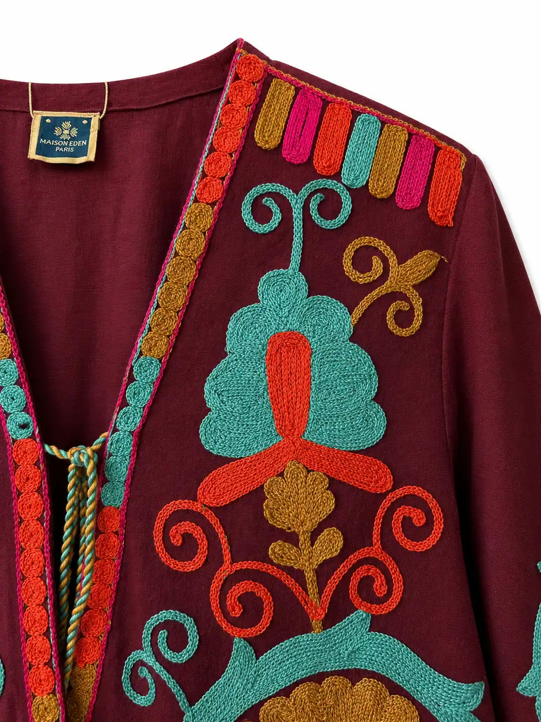 Chaqueta Bordada Multicolor para Mujer de Estilo Boho con Manga Larga y Diseño Artesanal